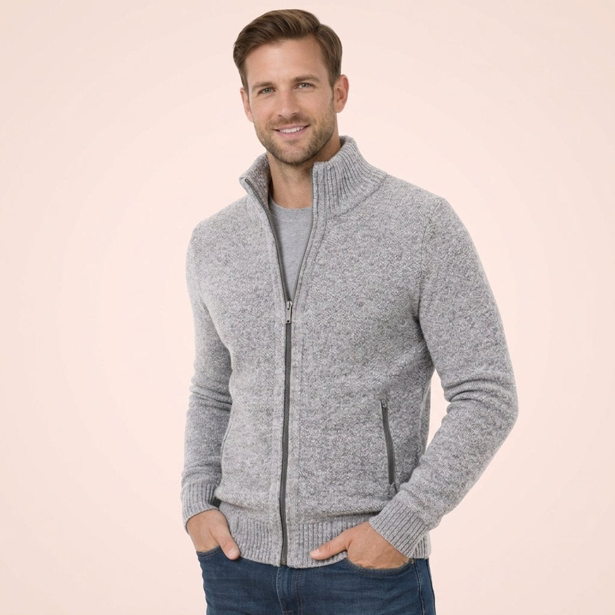 Men's Merino Wool Full-Zip Mock Neck Sweater - Tailored Warmth - Grey