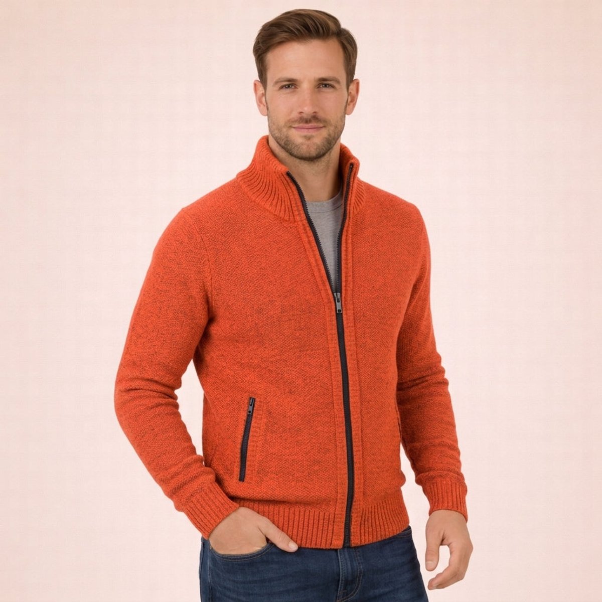 Men's Merino Wool Full-Zip Mock Neck Sweater - Tailored Warmth - Orange