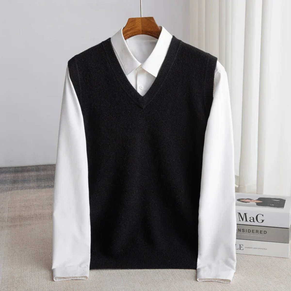 Men's Merino Wool V-Neck Vest - Lightweight Layering Knit | Autumn - Black