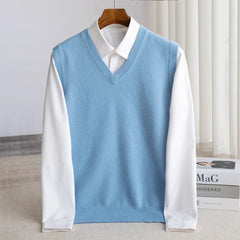 Men's Merino Wool V-Neck Vest - Lightweight Layering Knit | Autumn - Blue