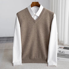Men's Merino Wool V-Neck Vest - Lightweight Layering Knit | Autumn - Camel