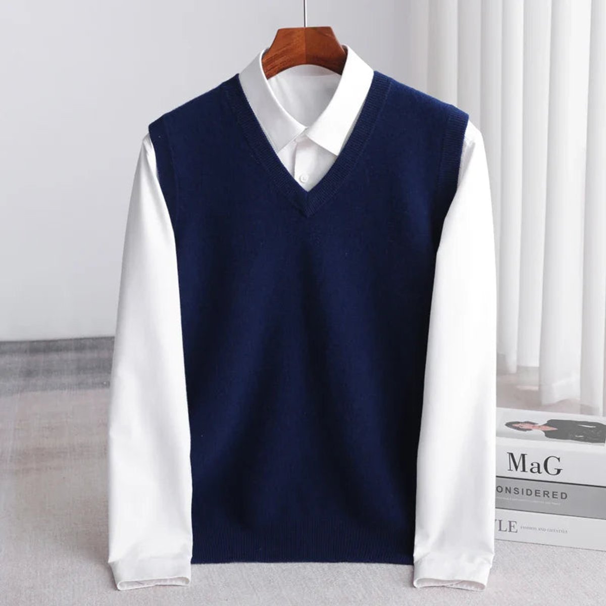 Men's Merino Wool V-Neck Vest - Lightweight Layering Knit | Autumn - Navy