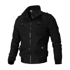 Men's Military-Style Zip-Up Bomber Jacket - Ribbed Cuff | Autumn - Black
