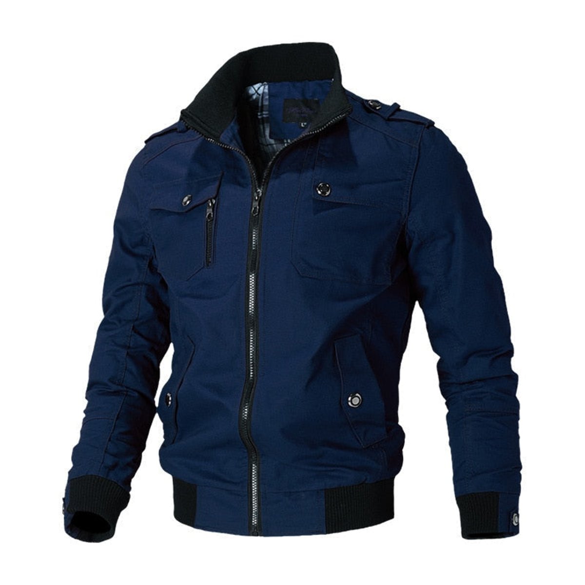 Men's Military-Style Zip-Up Bomber Jacket - Ribbed Cuff | Autumn - Blue