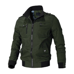 Men's Military-Style Zip-Up Bomber Jacket - Ribbed Cuff | Autumn - Green