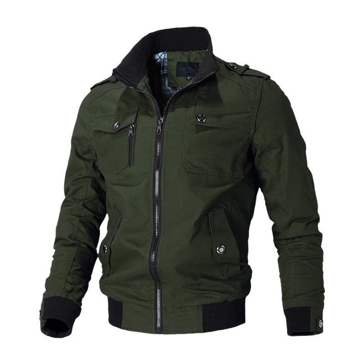 Men's Military-Style Zip-Up Bomber Jacket - Ribbed Cuff | Autumn - Green