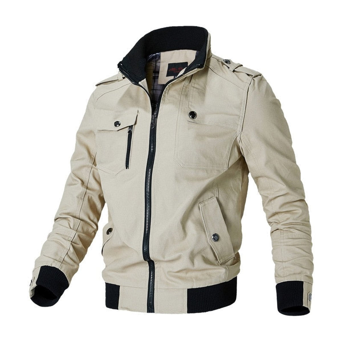 Men's Military-Style Zip-Up Bomber Jacket - Ribbed Cuff | Autumn - Khaki