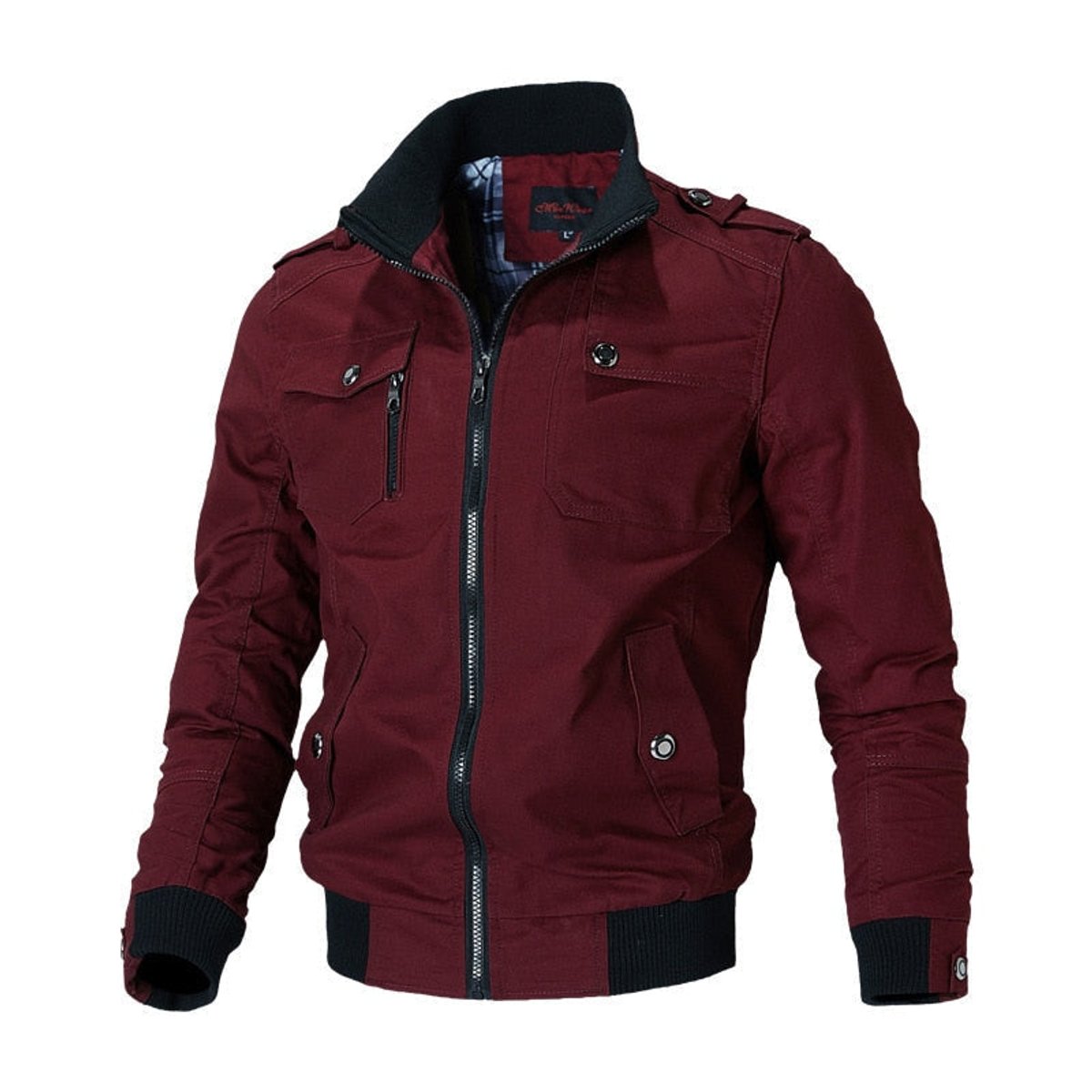 Men's Military-Style Zip-Up Bomber Jacket - Ribbed Cuff | Autumn - Red