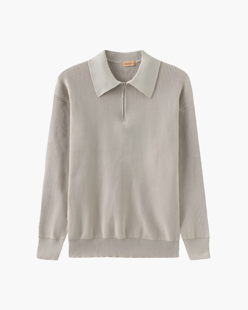 Men's Polo Sweater | Half Zip | Fine Knit | Autumn - Beige