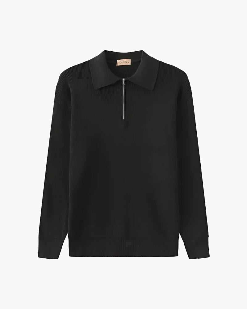 Men's Polo Sweater | Half Zip | Fine Knit | Autumn - Black