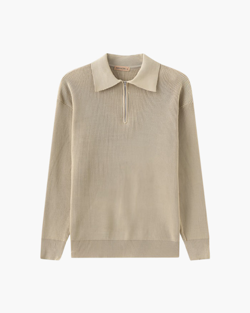 Men's Polo Sweater | Half Zip | Fine Knit | Autumn - Khaki