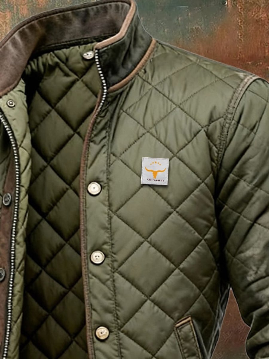 Men's Quilted Bomber Jacket Stand Collar Snap Button - Green | Autumn