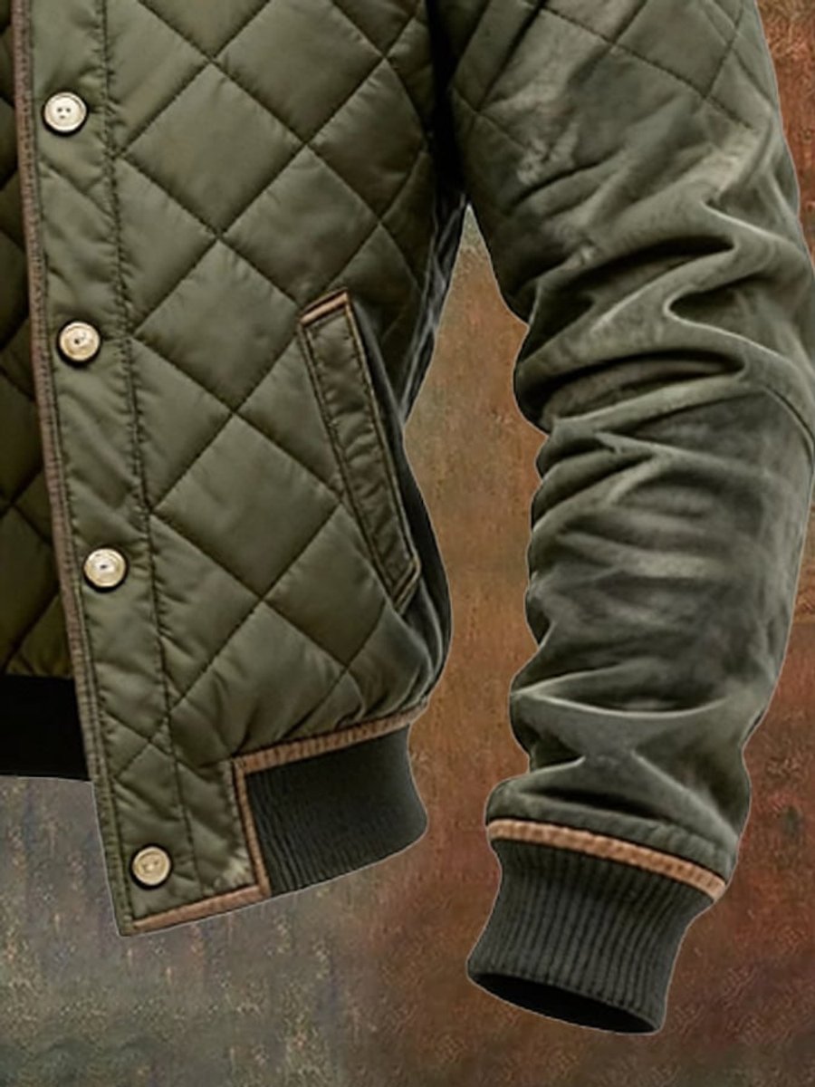 Men's Quilted Bomber Jacket Stand Collar Snap Button - Green | Autumn