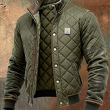 Men's Quilted Bomber Jacket Stand Collar Snap Button - Green | Autumn - Green