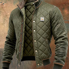 Men's Quilted Bomber Jacket Stand Collar Snap Button - Green | Autumn - Green
