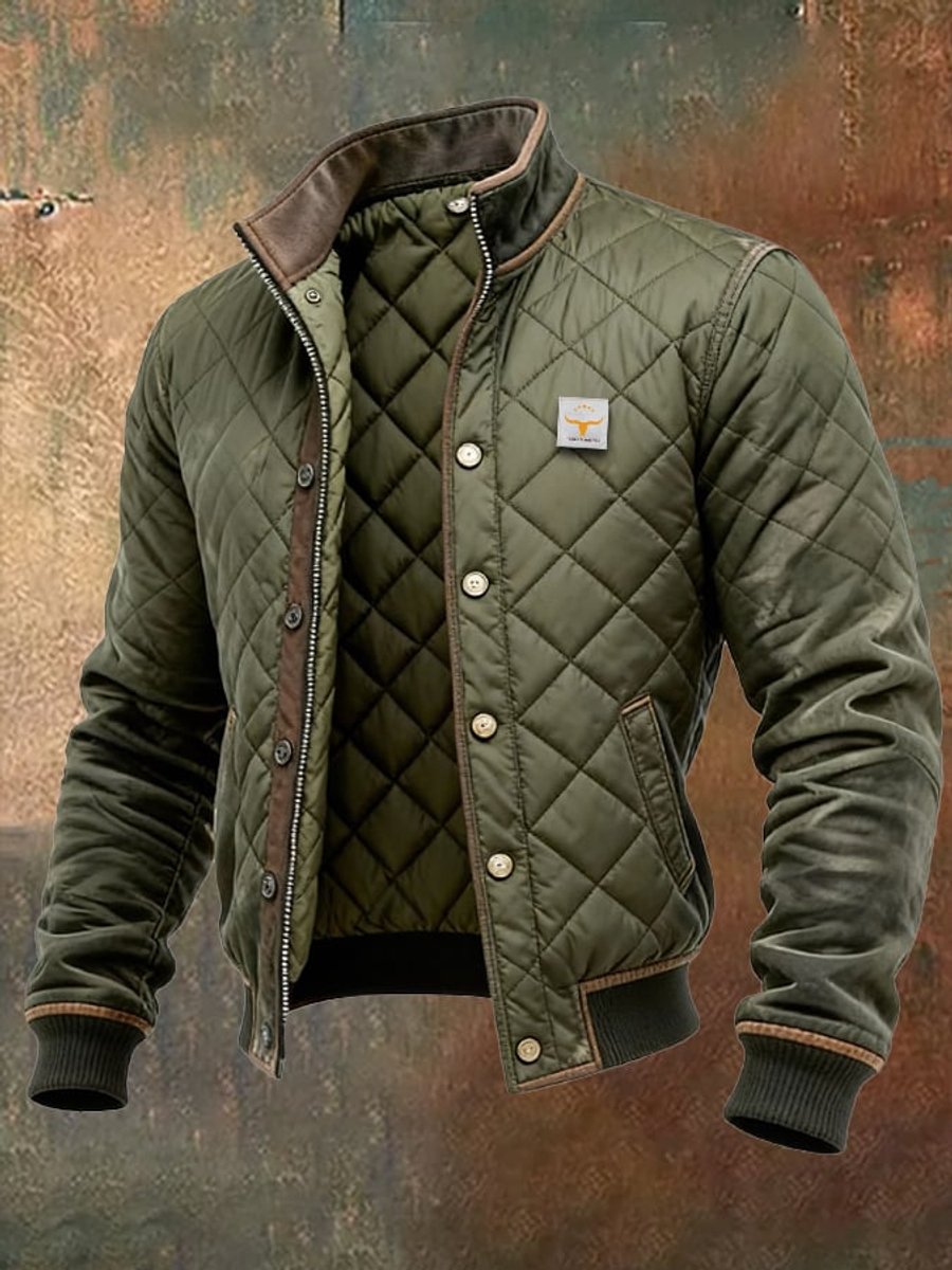 Men's Quilted Bomber Jacket Stand Collar Snap Button - Green | Autumn - Green