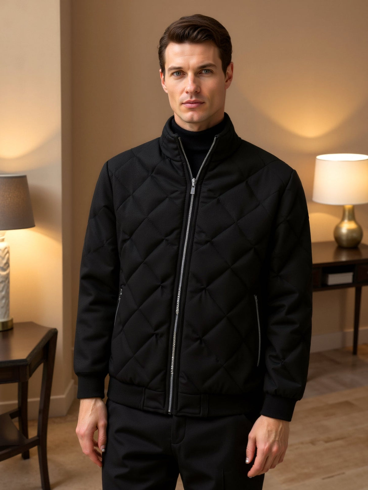 Men's Quilted Jacket | Diamond Pattern | Winter - Black