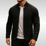 Men's Quilted Knit Blazer Mandarin Collar Button-Front | Autumn - Black