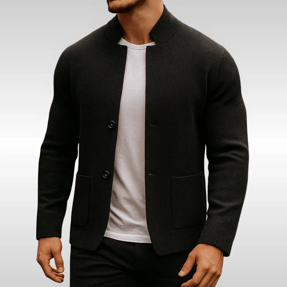 Men's Quilted Knit Blazer Mandarin Collar Button-Front | Autumn - Black