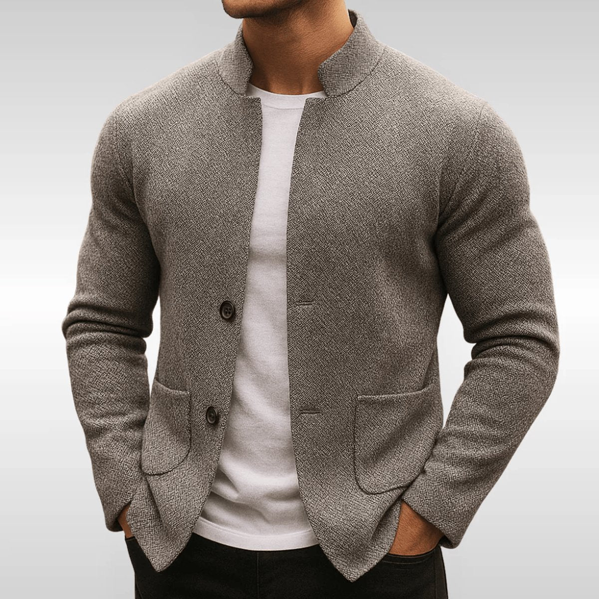 Men's Quilted Knit Blazer Mandarin Collar Button-Front | Autumn - Gray
