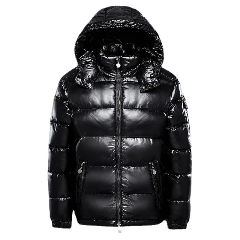 Men's Quilted Puffer Winter Jacket - Glossy Finish - Black