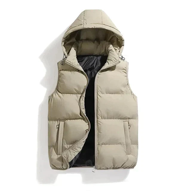 Men's Quilted Vest | With Hood | Sleeveless | Autumn - Khaki