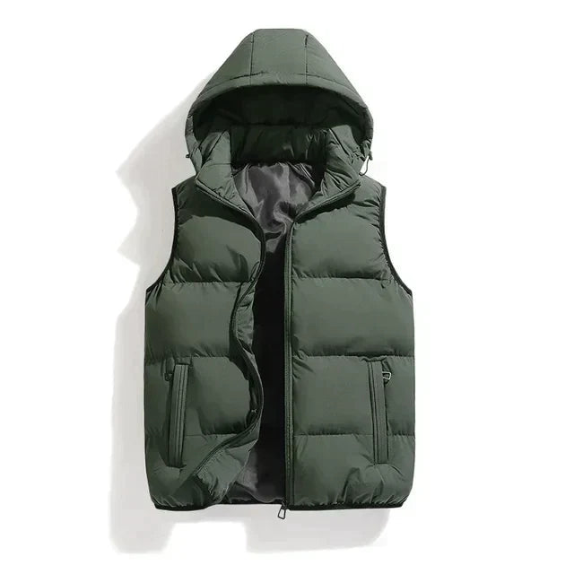 Men's Quilted Vest | With Hood | Sleeveless | Autumn - Military Green