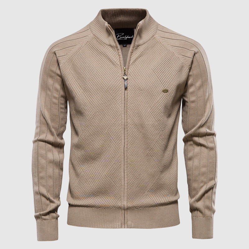 Men's Quilted Zip Sweater | Argyle Pattern | Winter - Beige