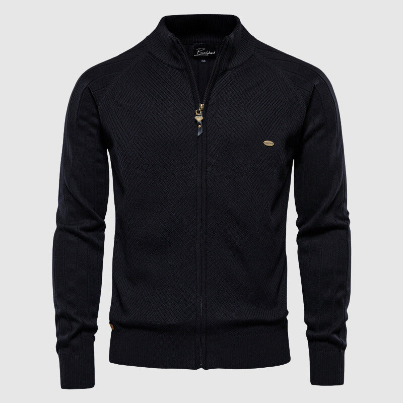 Men's Quilted Zip Sweater | Argyle Pattern | Winter - Black