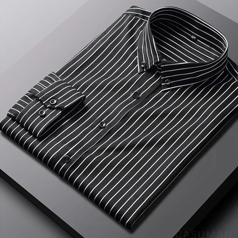 Men's Relaxed Striped Cotton Shirt - Casual Sophistication | Spring - Black