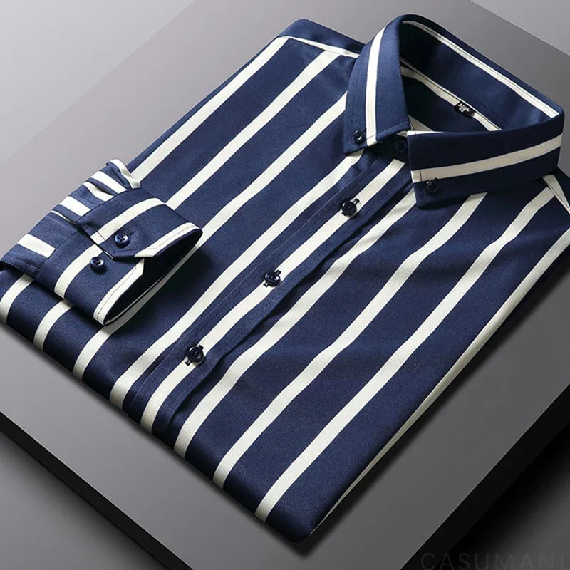 Men's Relaxed Striped Cotton Shirt - Casual Sophistication | Spring - Navy