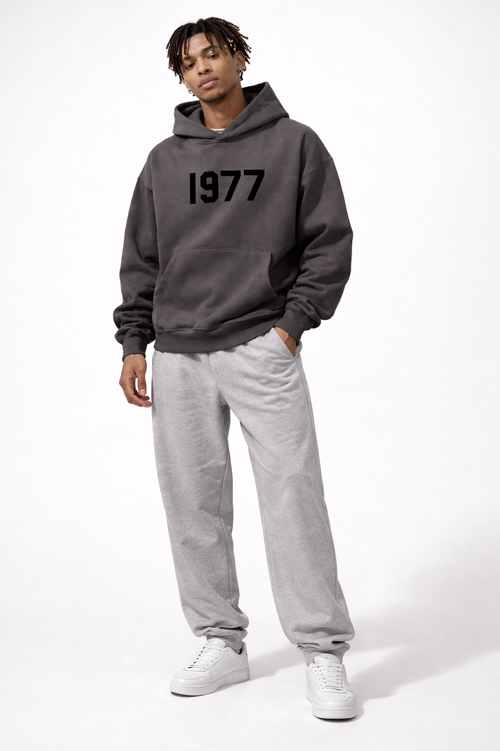 Men's Retro Street Style Winter Hoodie - Loose Fit - Dark Grey Black