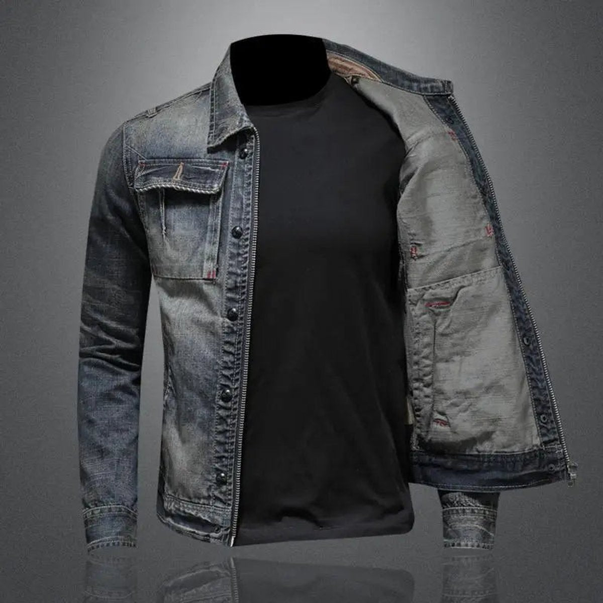 Men's Retro Washed Denim Zip-Up Jacket - Casual Outerwear | Autumn