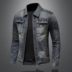 Men's Retro Washed Denim Zip-Up Jacket - Casual Outerwear | Autumn