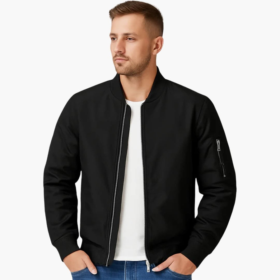 Men's Ribbed Collar Bomber | Sleeve Pocket | Winter - Black