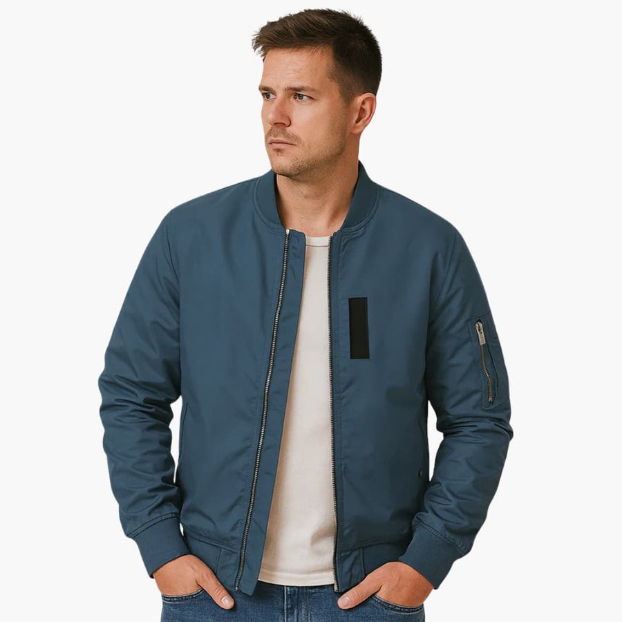 Men's Ribbed Collar Bomber | Sleeve Pocket | Winter - Navy