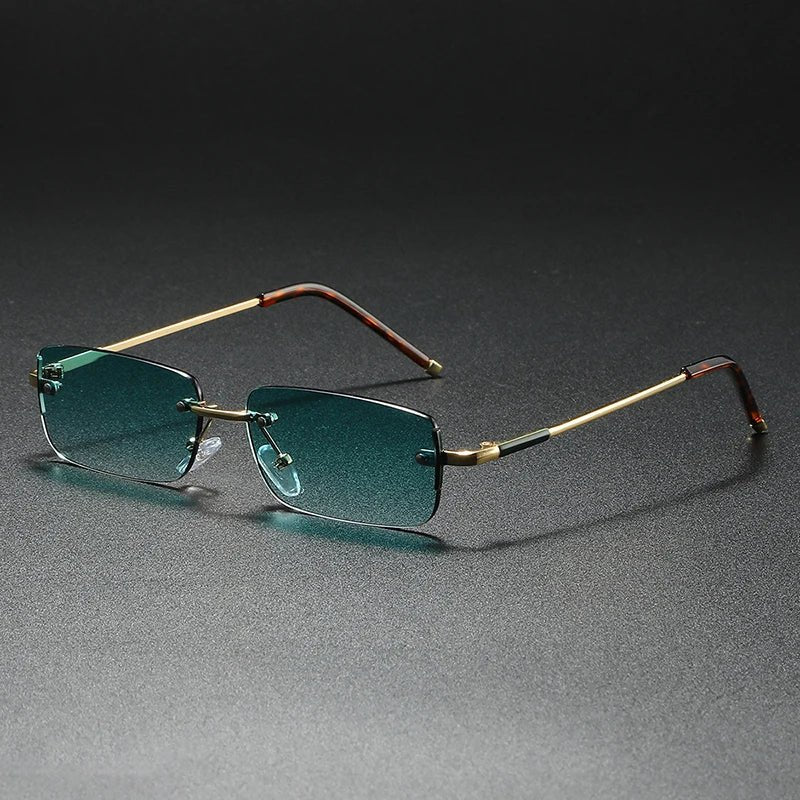 Men's Rimless Rectangular Sunglasses - Gold Gradient Tinted - Green