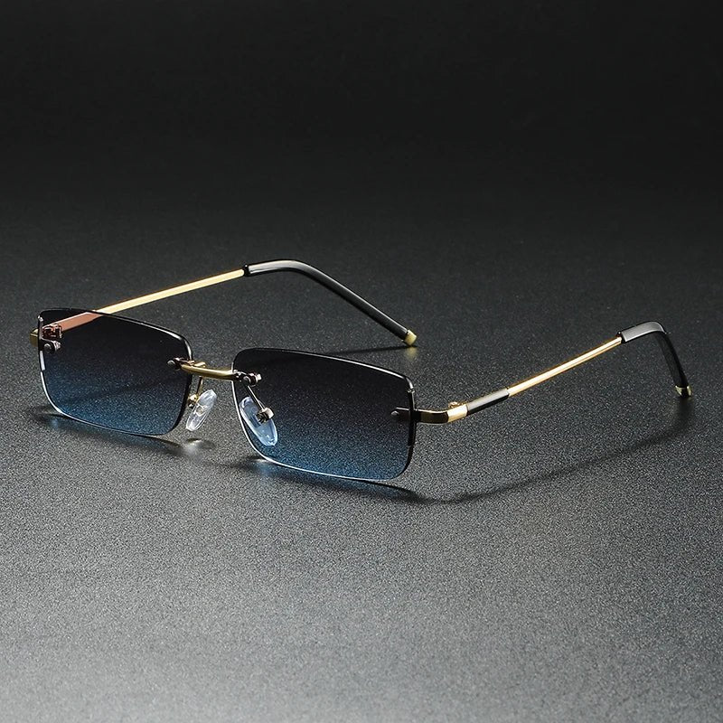 Men's Rimless Rectangular Sunglasses - Gold Gradient Tinted - Tea Blue