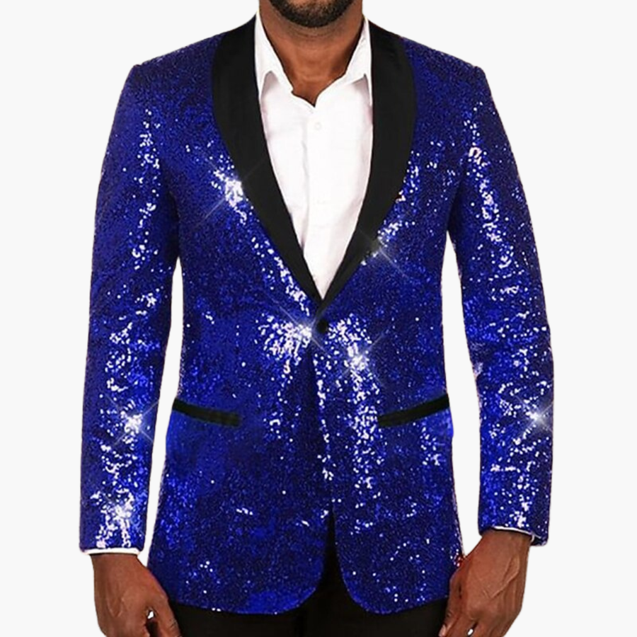 Men's Sequin Blazer | Contrasting Lapel | Statement | Winter - Royal Blue