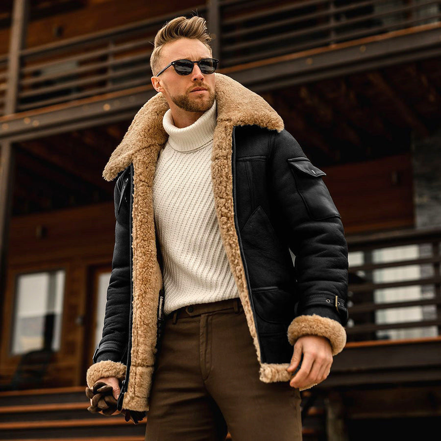 Men's Shearling Aviator Jacket - Warm Winter Style - Black