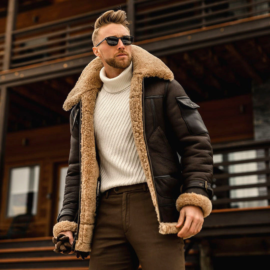 Men's Shearling Aviator Jacket - Warm Winter Style - Brown