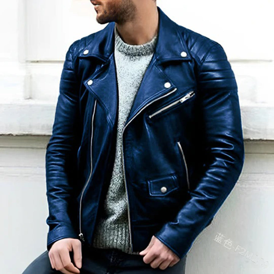 Men's Sherpa-Lined Leather Biker Jacket | Classic Style | Winter - Blue