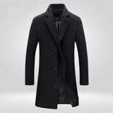 Men's Single-Breasted Wool Overcoat Notch Lapel - Knee-Length | Autumn - Black