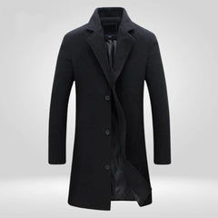 Men's Single-Breasted Wool Overcoat Notch Lapel - Knee-Length | Autumn - Black