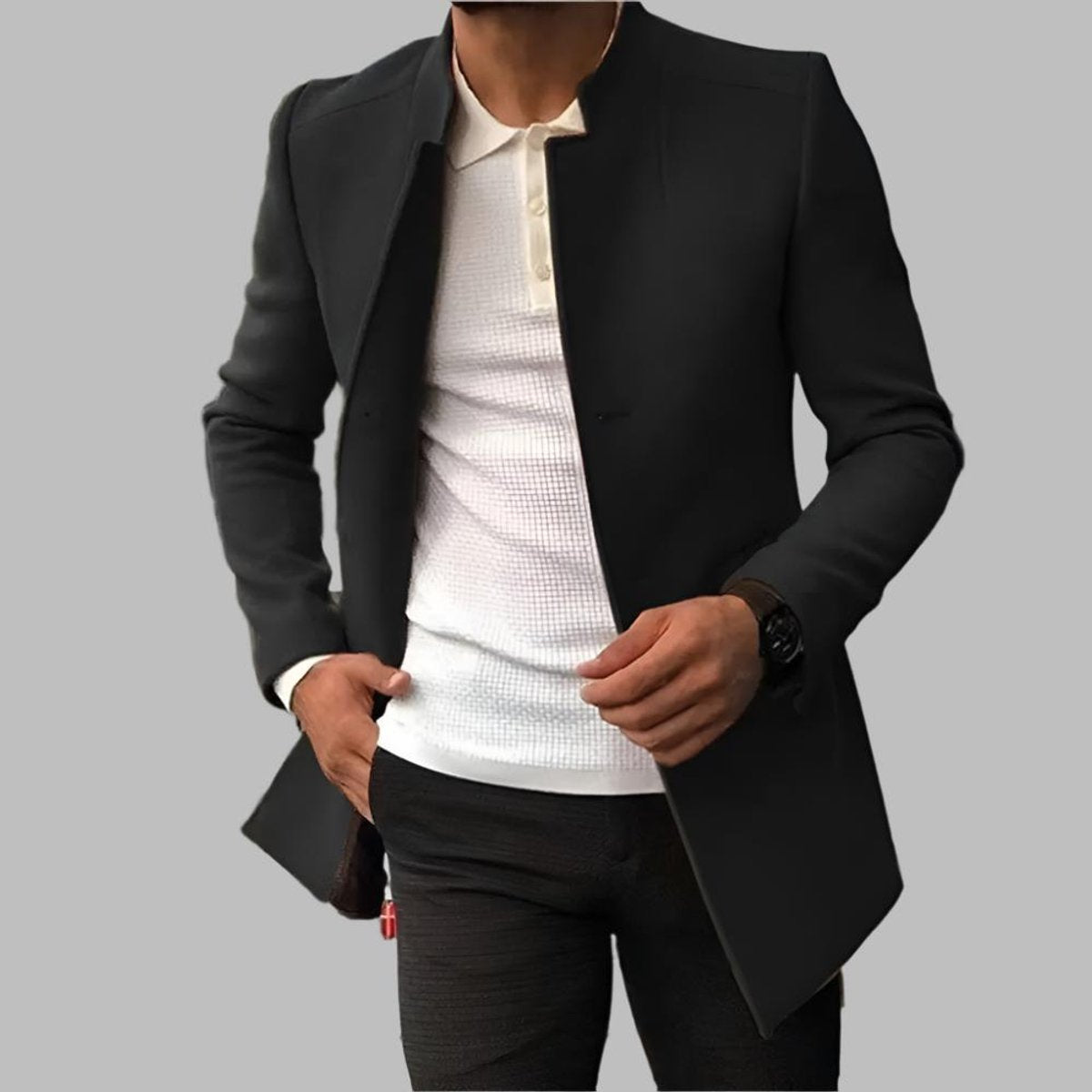 Men's Slim-Fit Collarless Wool Coat - Open Front | Autumn - Black