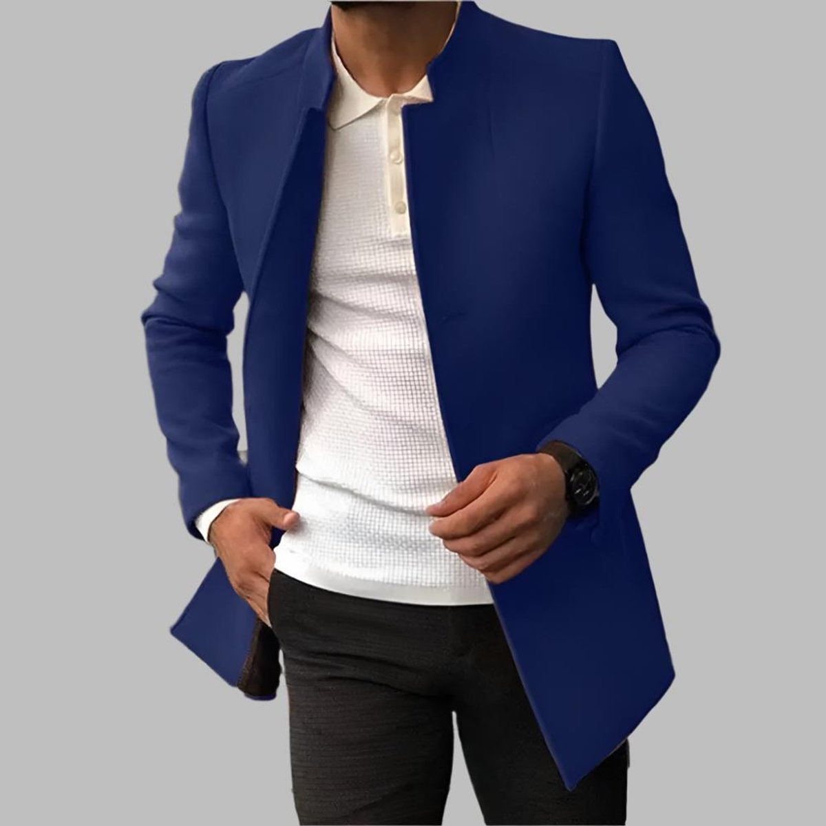 Men's Slim-Fit Collarless Wool Coat - Open Front | Autumn - Blue