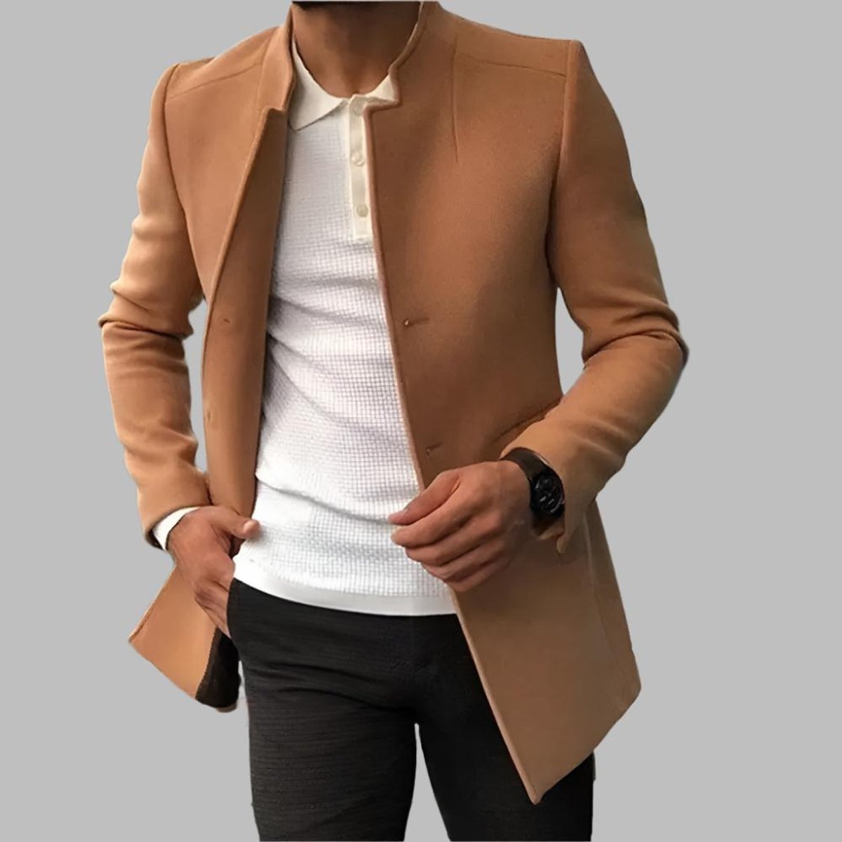 Men's Slim-Fit Collarless Wool Coat - Open Front | Autumn - Camel