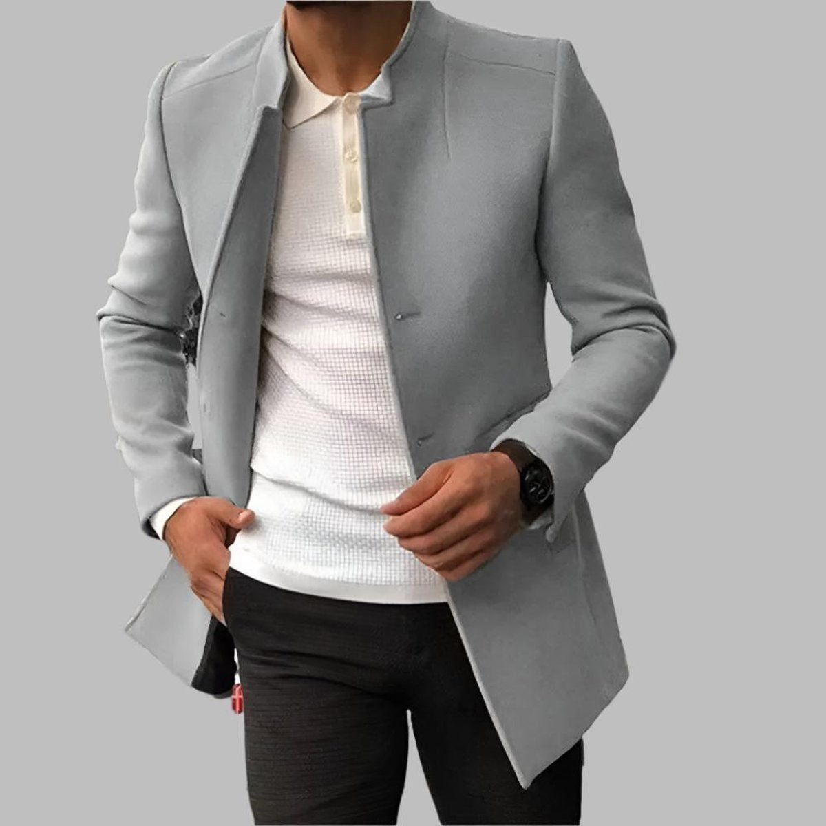 Men's Slim-Fit Collarless Wool Coat - Open Front | Autumn - Gray
