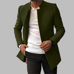 Men's Slim-Fit Collarless Wool Coat - Open Front | Autumn - Green