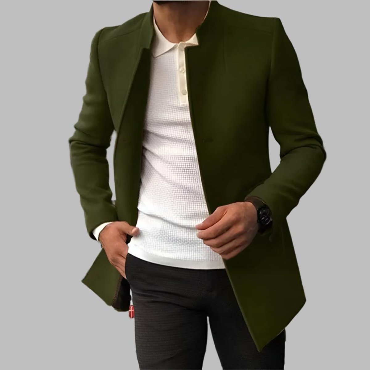 Men's Slim-Fit Collarless Wool Coat - Open Front | Autumn - Green